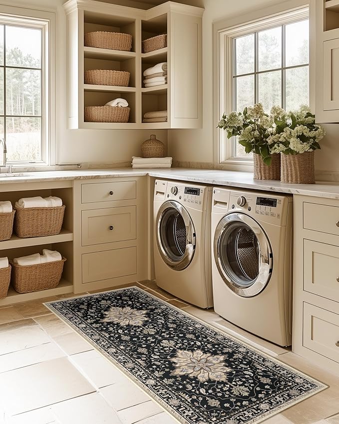 Area Rugs 2'x6' Washable Non-Slip, Floral Vintage Distress Print Pattern - Image 8