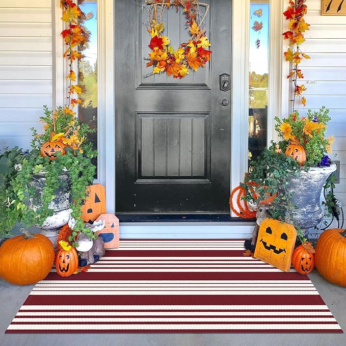 KOZYFLY Striped Outdoor Rug 3x5 Ft Red and White Christmas Front Door Rug Woven by KOZYFLY