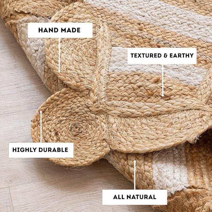 HOMEMONDE Scalloped Jute Area Rug 8'x10' Natural Stripe - Image 3