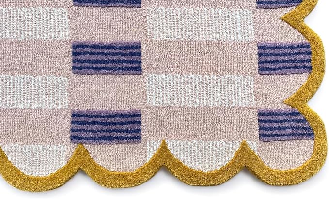 Hand-Tufted Wool Rug with Scalloped Edges, Light Blue Plaid Pattern, Cozy Soft - Image 5