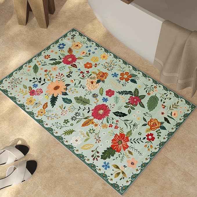 2x3 Washable Rug for Entryway, Floral Green Soft Small Area Rug, Non Slip - Image 3