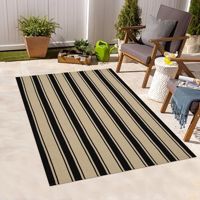 Striped Outdoor Rug 3'x5', Cotton Hand Woven Rug Front Door Mat, Washable - Image 7