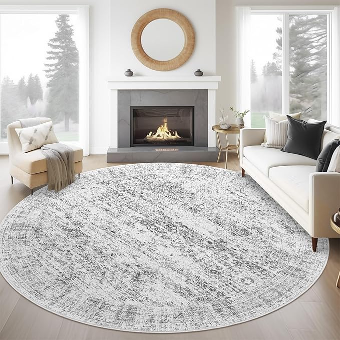 8x8 Grey Round Rug 8ft Living Room Circle Rug Vintage Round Area Rug Non Slip by Soalmost