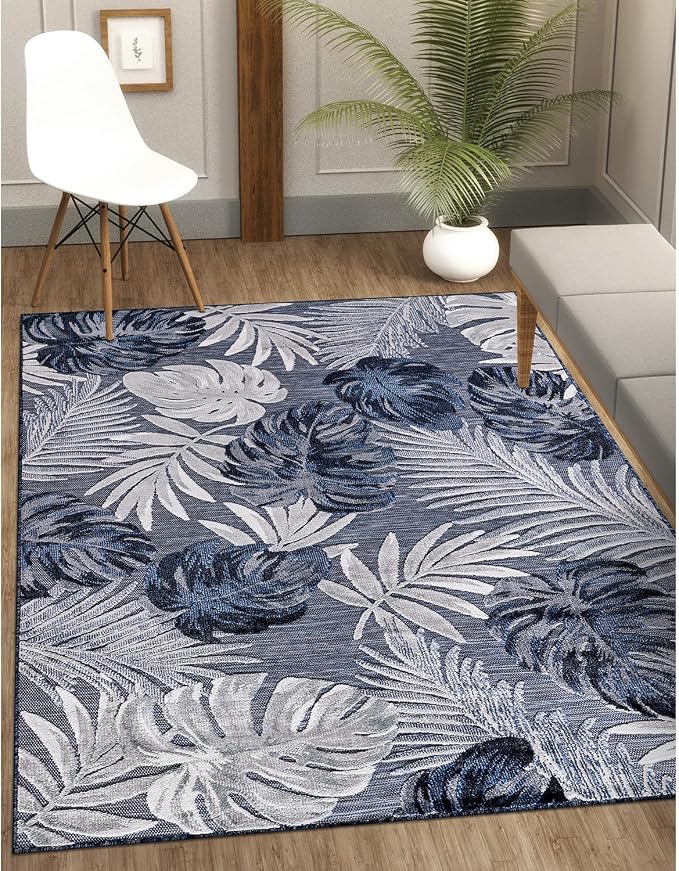 CAMILSON Indoor Outdoor Rug Navy Blue 4x6 Leaf Tropical Botanical Area Rugs - Image 2