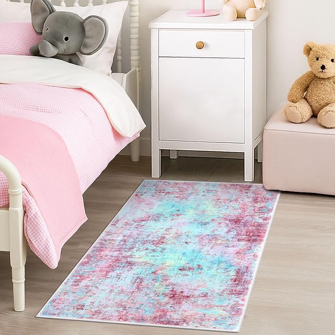 Modern Abstract 2x3 Girls Room Rug, Machine Washable Blush Pink Sky Blue Small - Image 2
