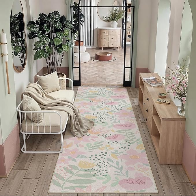 Floral Runner Rug 3x10 Washable Hallway Pink Bedroom Non Slip Cute Long Kitchen - Image 6