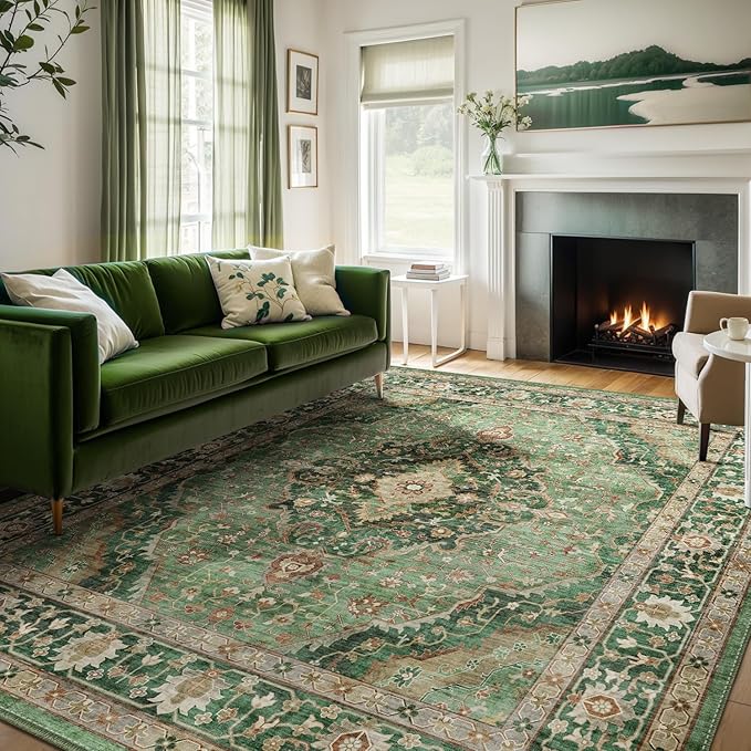 10x12 Green Rugs for Living Room Bedroom, Washable Area Rugs Non Slip Large Rug by Deerly