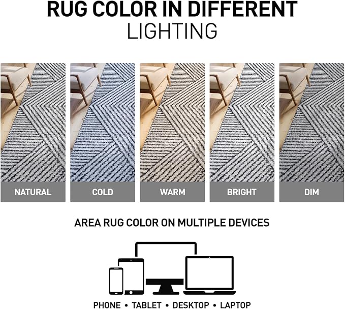 Rugshop Geometric Diamond Stripe Shag Runner Rug White 2' 3" x 12' Great - Image 6