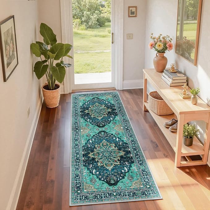 Area Rugs 2'x6' Washable Non-Slip, Floral Vintage Distress Print Pattern by RELEANY