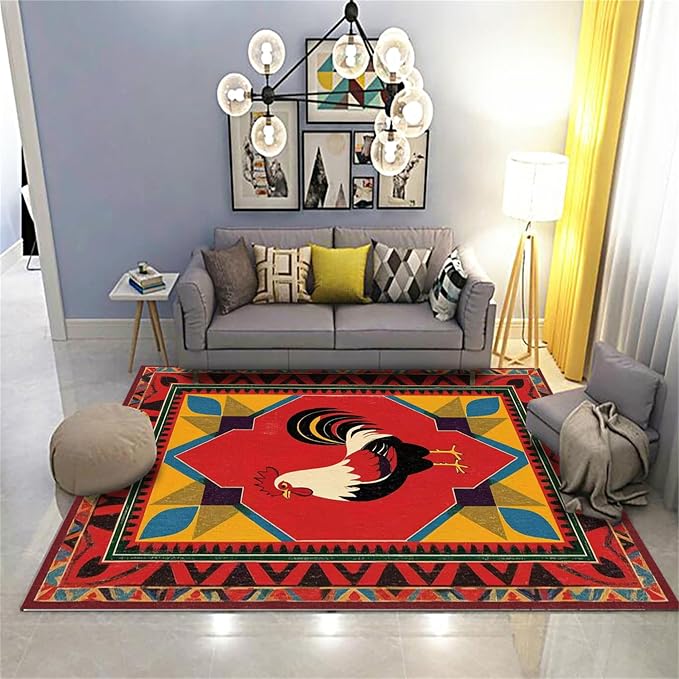 Country Rooster Rugs，5x6ft, Colorful Geometric Rooster Pattern Rug，Rooster - Image 2
