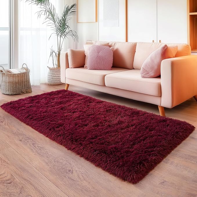 Burgundy Runner Rug for Hallway, Bedroom Bedside Plush Rugs, Non Slip Fluffy - Image 2