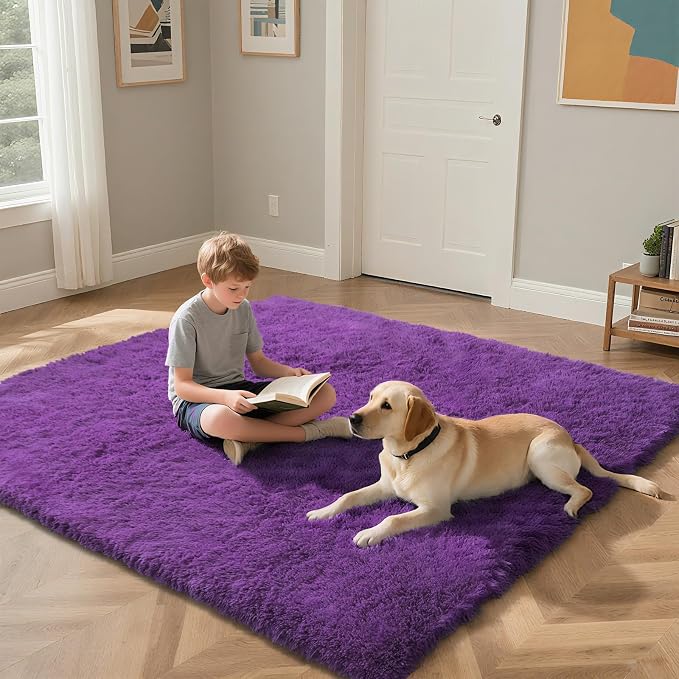 Purple Fluffy Rug Shaggy Area Rug, 5x8 Area Rugs - Image 4