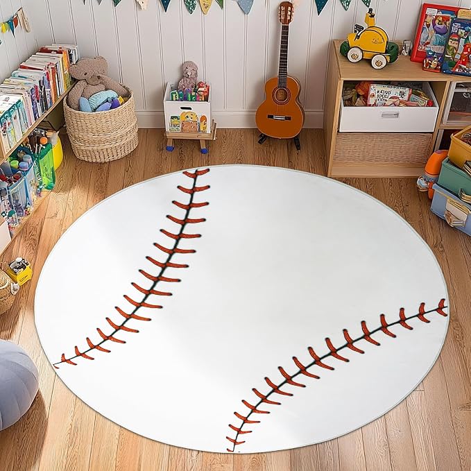 Soft Round Rugs for Bedroom, Baseball Rug for Boys, Bedside Area Kids Carpet by ForEveryonesLittleComfort