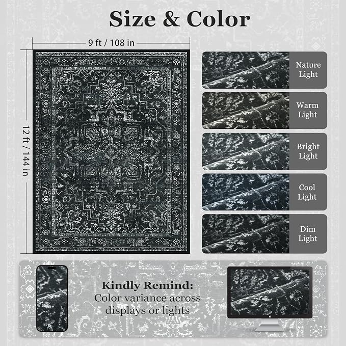 Dark Distressed Washable Area Rugs 9x12 Living Room, Washable Non Slip Low Pile - Image 2
