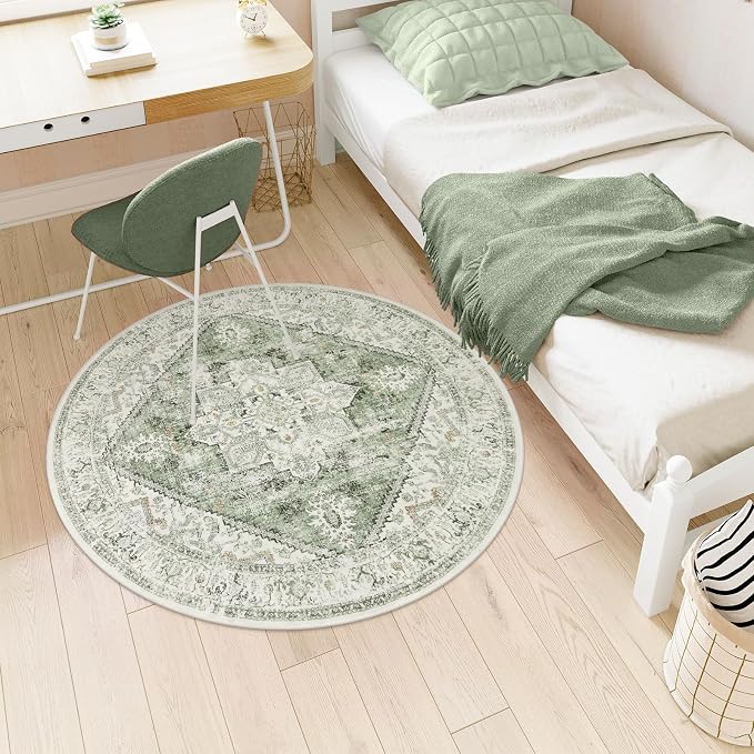 LIVEBOX Sage Green Round Rug 4ft, Vintage Tribal Circle Rugs - Image 3