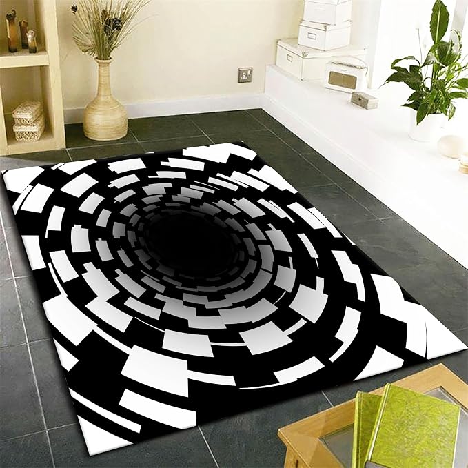 3D Illusion Swirl Area Rugs, Modern Abstract Grid Black Hole Living Room Carpet - Image 3