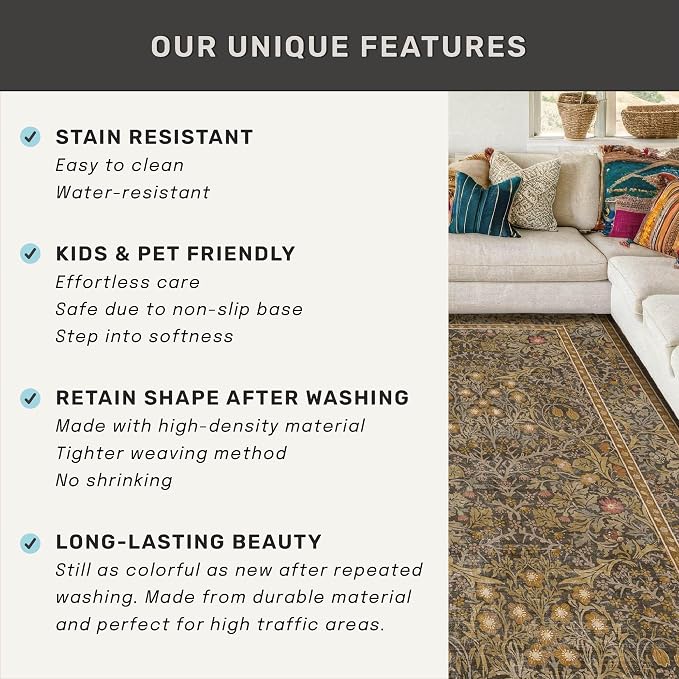 Vintage Gold Brown Entryway Rug, 3x4 Washable Area Rugs - Image 7