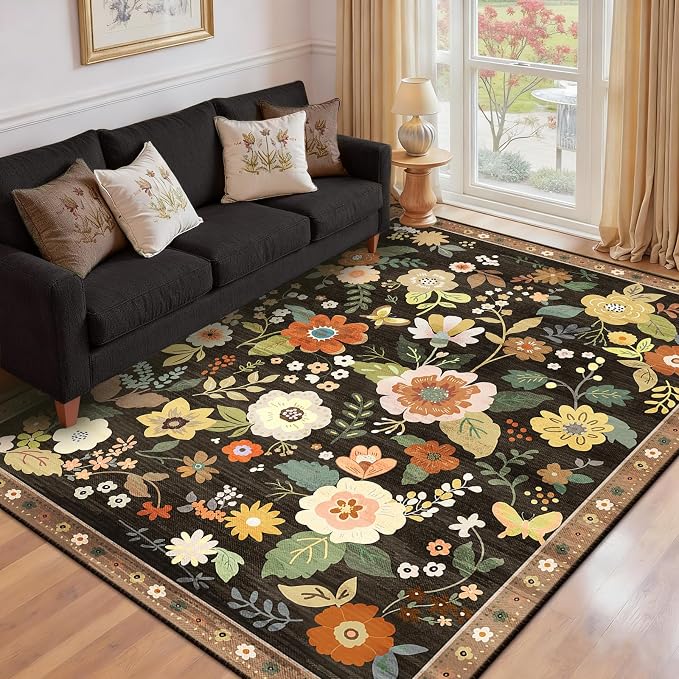 Floral 9x12 Area Rug Machine Washable Soft Print Boho Carpet Non Slip Doormat - Image 8