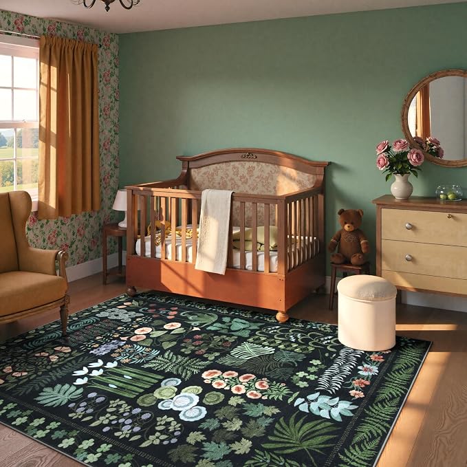 Floral Boho 5x7 Area Rugs for Living Room, Botanical Black Washable Bedroom Rug - Image 2