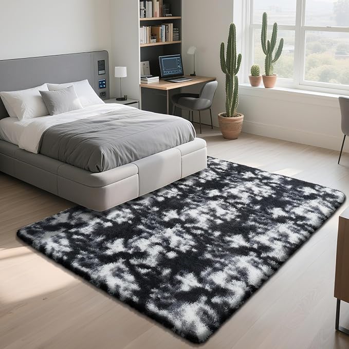Fluffy Rug Shaggy Area Rug, Mottling Black 9x12 Area Rugs - Image 3