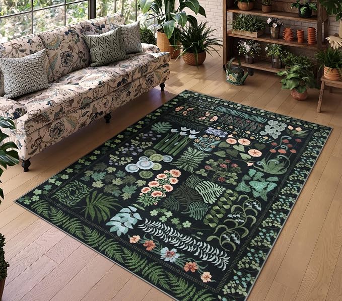 Floral Boho 5x7 Area Rugs for Living Room, Botanical Black Washable Bedroom Rug by Zealude
