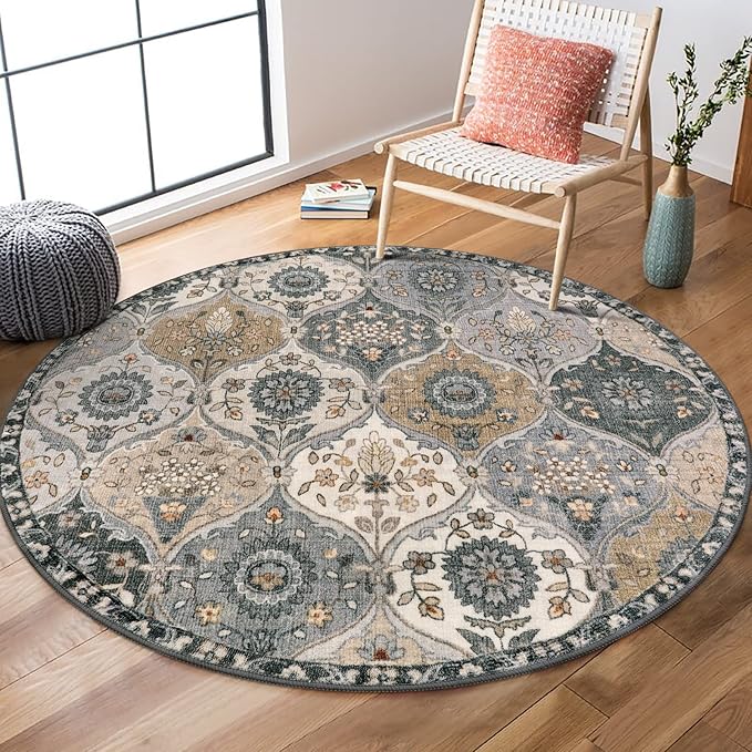 Lahome Moroccan Trellis Round Area Rugs, Washable Small Round Rug 3ft Non-Slip by Lahome