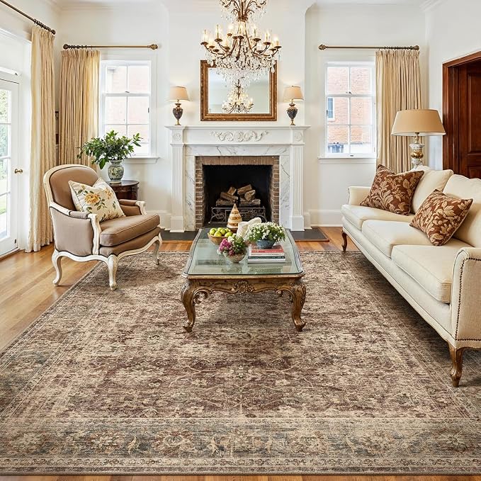 8x10 Washable Area Rug for Living Room Bedroom Rust Vintage Distressed Rustic by WondRg
