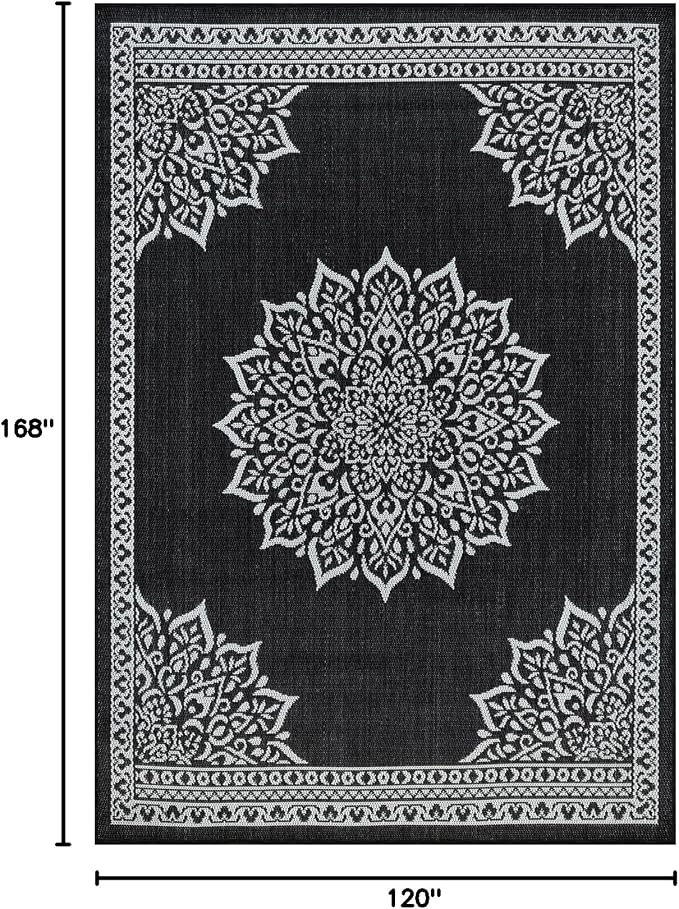 CAMILSON Indoor Outdoor Rug, 10x14 Medallion Black White Modern Area Rugs - Image 2
