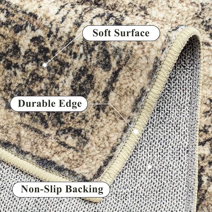 5x7 Area Rug Washable Vintage Neutral Living Room Carpet Large Indoor Non Slip - Image 6