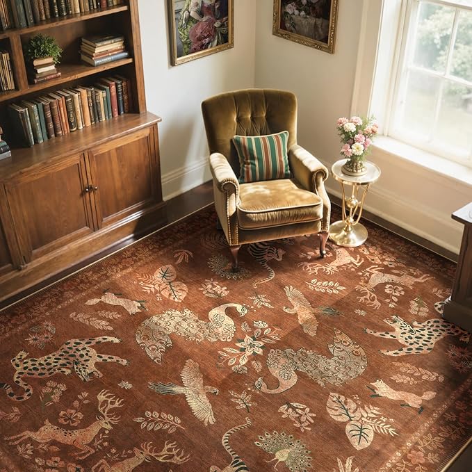Moynesa Orange 5x7 Bedroom Rugs, Vintage Peacock Floral Washable Area Rugs - Image 9