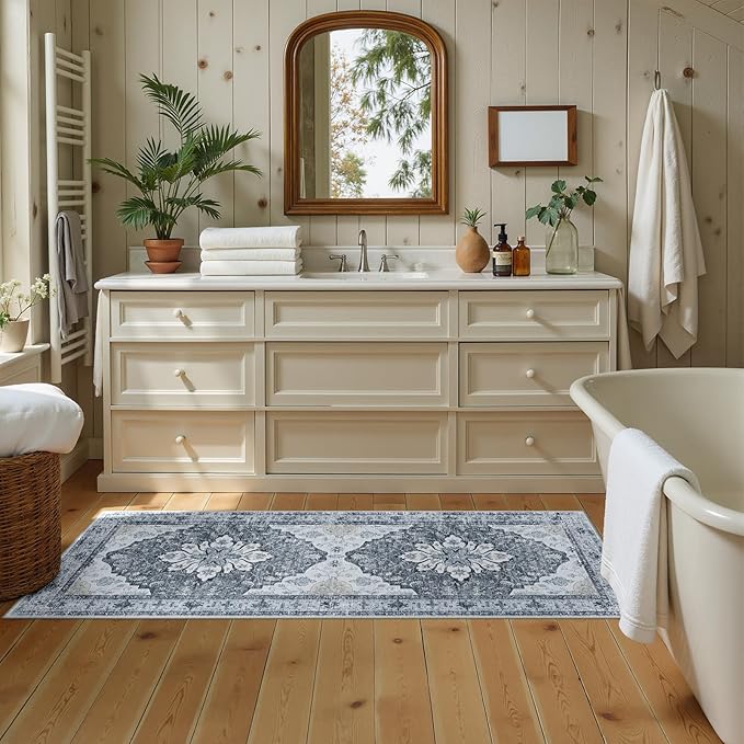 Area Rugs 2'x5' Washable Non-Slip, Floral Vintage Distress Print Pattern - Image 3