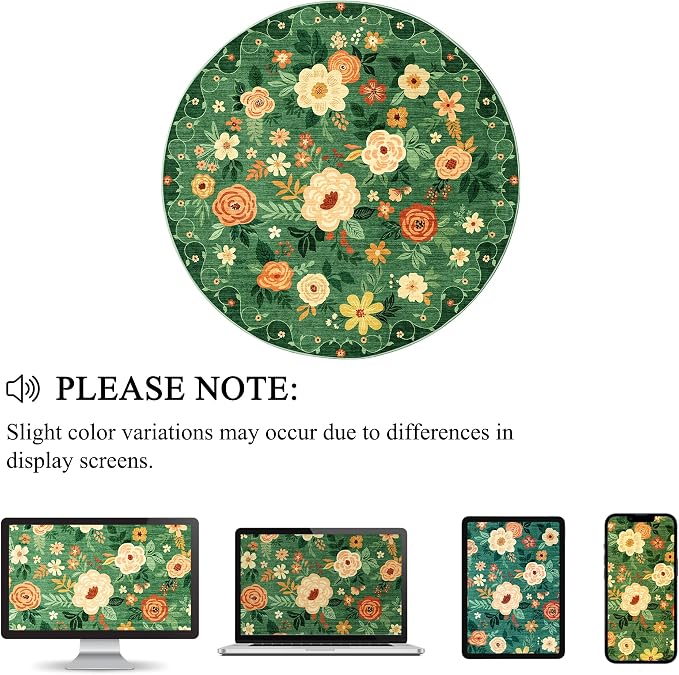 DUKINO Floral Round Rug, 6ft Washable Circle Rug, Non Slip Indoor Low Pile - Image 8
