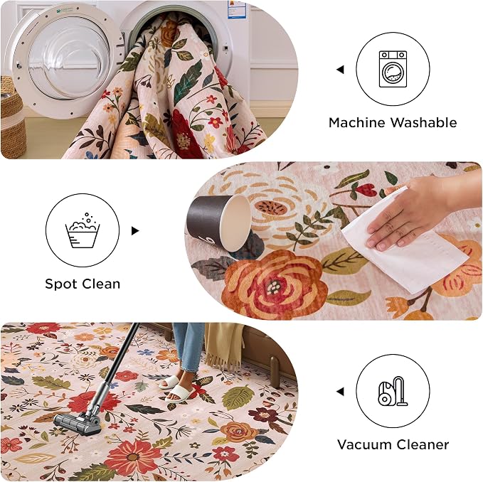 5x7 Washable Rug for Living Room, Non Slip Low Pile Soft Flower Carpet - Image 6