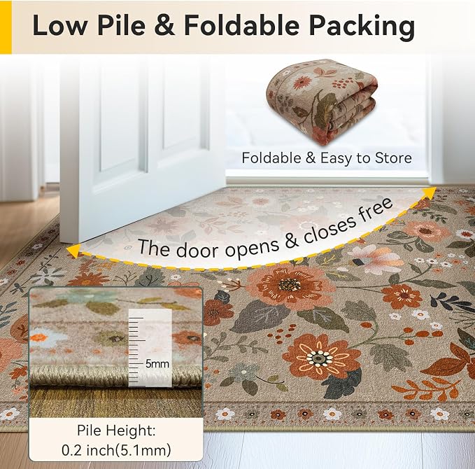 Floral 9x12 Area Rug Machine Washable Soft Print Boho Carpet Non Slip Doormat - Image 5