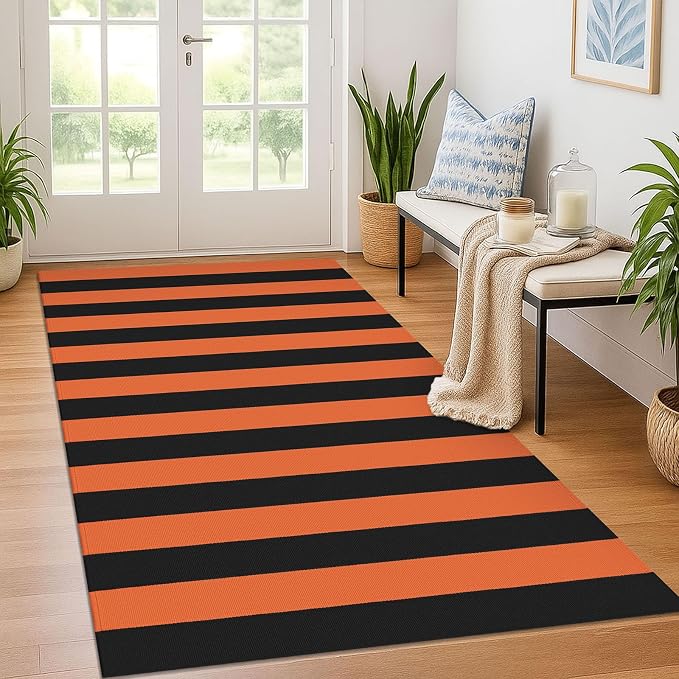 KOZYFLY Striped Outdoor Rug 4x6 Ft Orange and Black Halloween Fall Hand Woven by KOZYFLY
