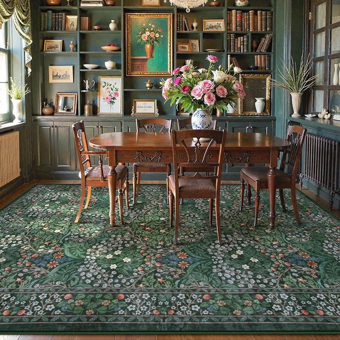 Lahome Floral Dark Green Area Rugs 8x10, Soft 8x10 Washable Rugs - Image 2
