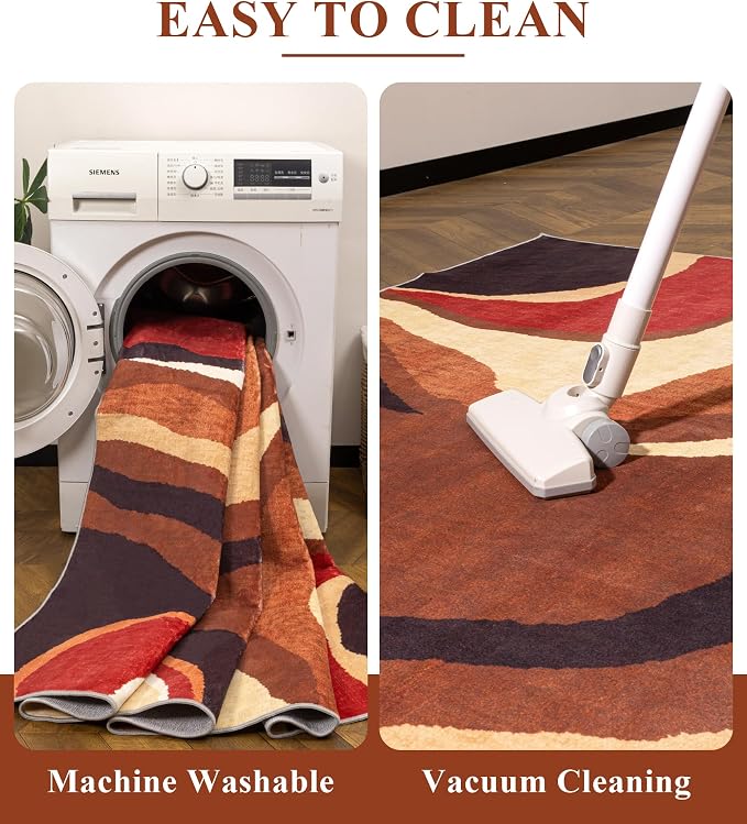 YIHOUSE Burnt Orange Rug 4x6 Washable, Farmhouse Brown Retro Carpets, Geometric - Image 4
