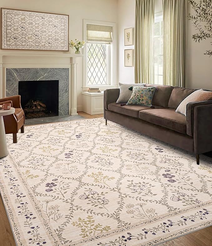 YIHOUSE Beige Floral Print Rugs, Moroccan Trellis 10x14 Washable Large Rug by YIHOUSE
