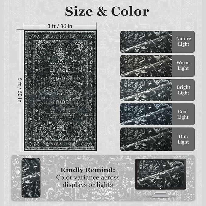 Black Distressed 3x5 Area Rugs for Entryway Foyer, Washable Non Slip Low Pile - Image 2