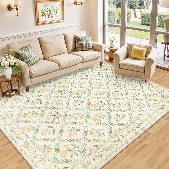 8x10 Area Rugs for Living Room: Floral Washable Rug Vintage Large Soft Boho - Image 2