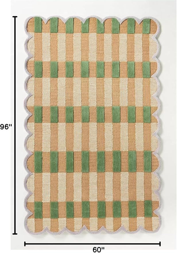 Hand-Tufted Wool Rug with Scalloped Edges, Light Blue Plaid Pattern, Cozy Soft - Image 2