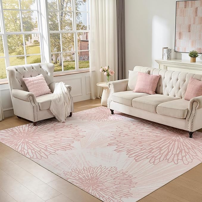 WITSHOCK Pink Rugs 7x9 for Bedroom Girls, Floral Modern Distress Print Pattern by WITSHOCK