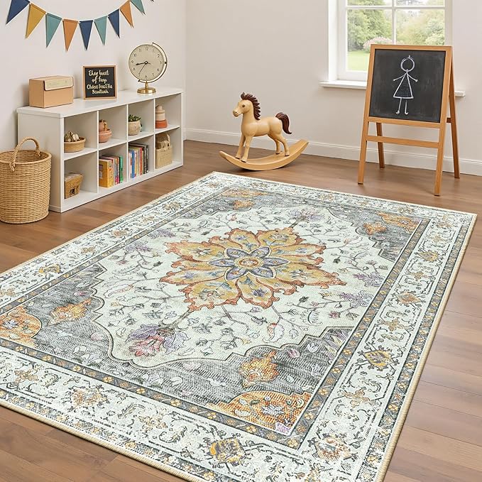 Area Rugs 5'x7' Washable Non-Slip, Floral Vintage Distress Print Pattern - Image 3