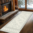 Beige White Runner Rug, 4x12ft Black Geometric Square Pattern Hallway Decor Rug by LGGLOVELIN