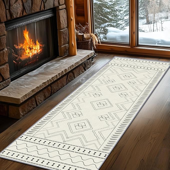 Beige White Runner Rug, 4x12ft Black Geometric Square Pattern Hallway Decor Rug by LGGLOVELIN