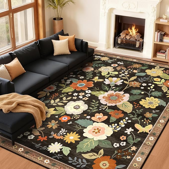 Floral 9x12 Area Rug Machine Washable Soft Print Boho Carpet Non Slip Doormat by RELEANY