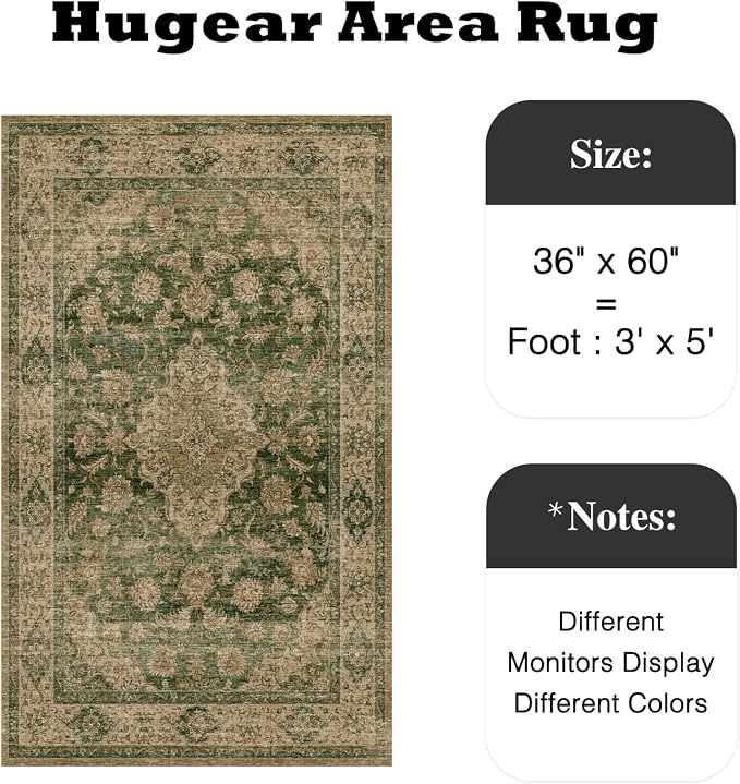HUGEAR 3x5 Entryway Area Rug Retro Green Small Rug Machine Washable Door Mat - Image 2