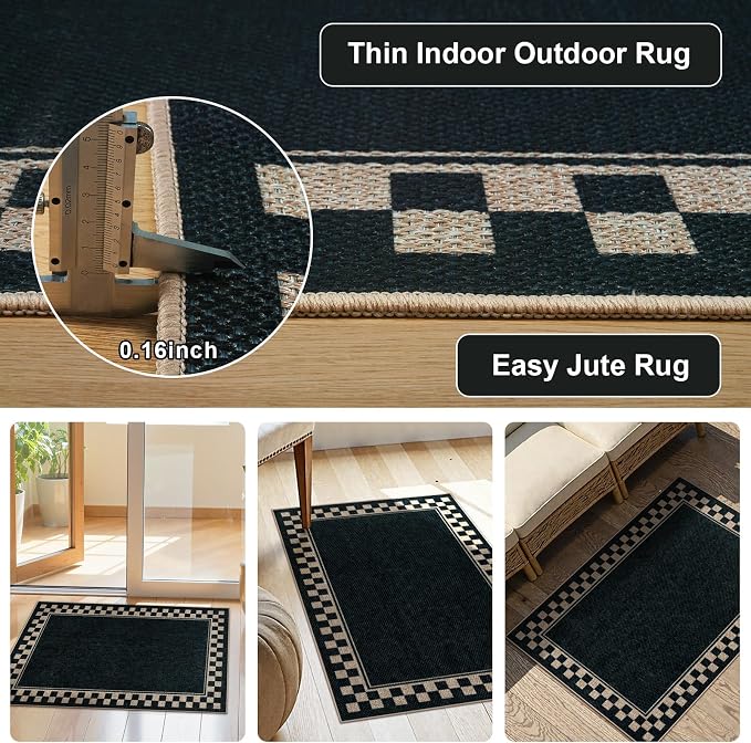 OJIA Easy Jute Kitchen Rug, 2x3 Black Indoor Door Mat Checkered Washable Area - Image 4