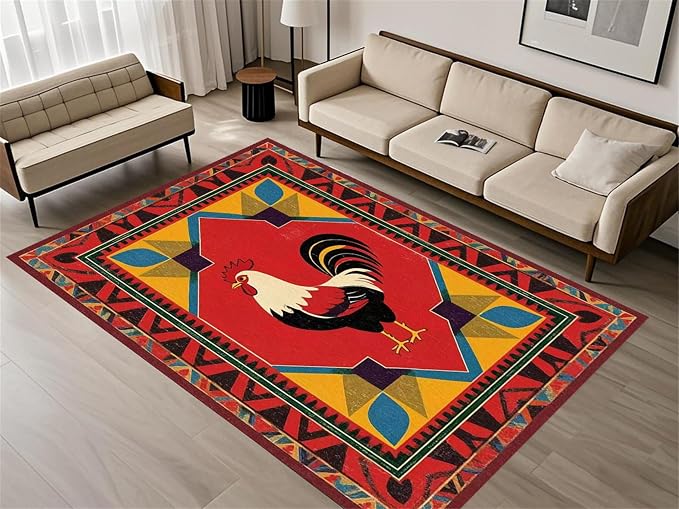 Country Rooster Rugs，4x5ft, Colorful Geometric Rooster Pattern Rug，Rooster by Unknown
