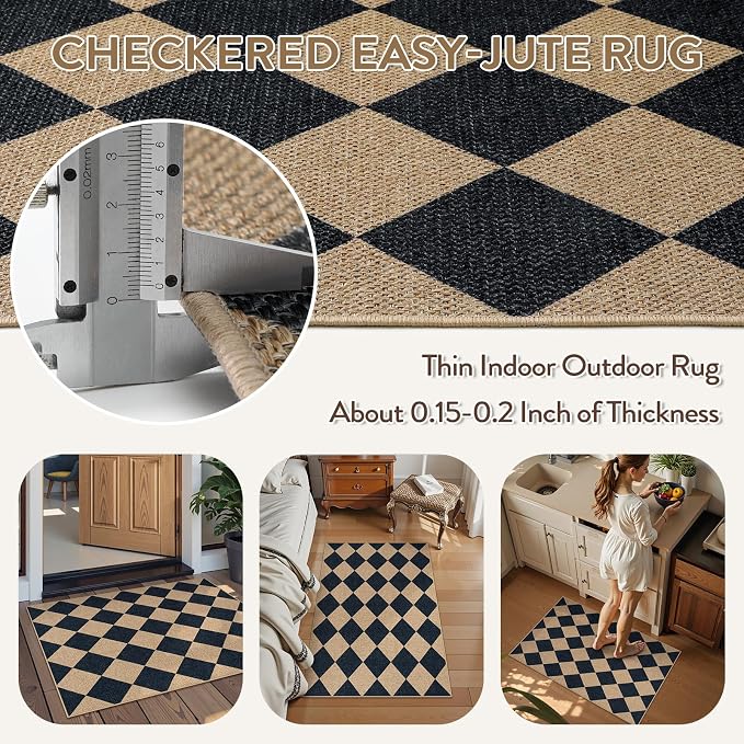 Lahome Checkered Easy Jute Kitchen Rug, 2x3 Front Door Mat Non Slip Washable - Image 5